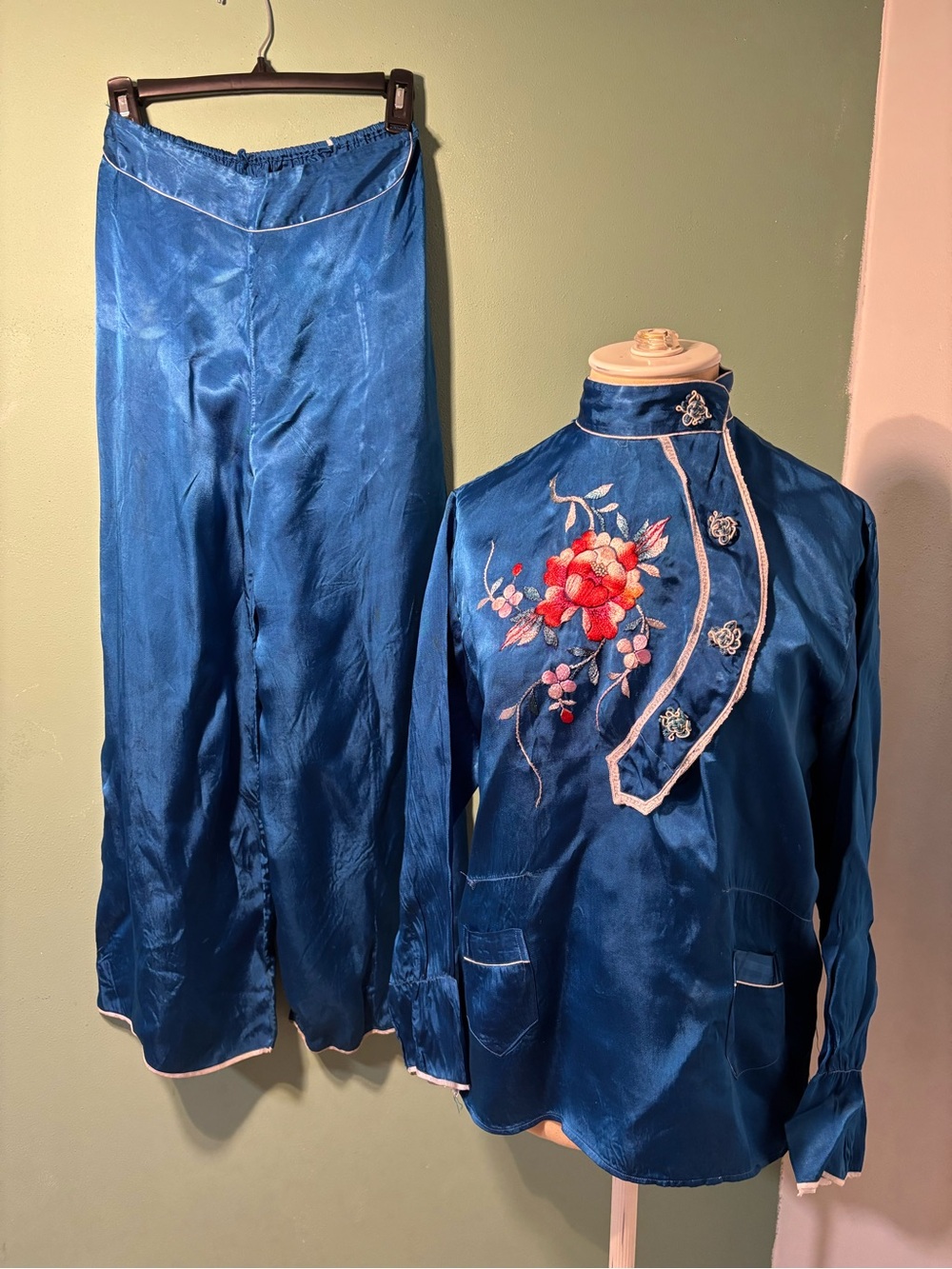Vintage 1930’s Blue Satin Embroidered Wide Leg Woman’s Pajamas